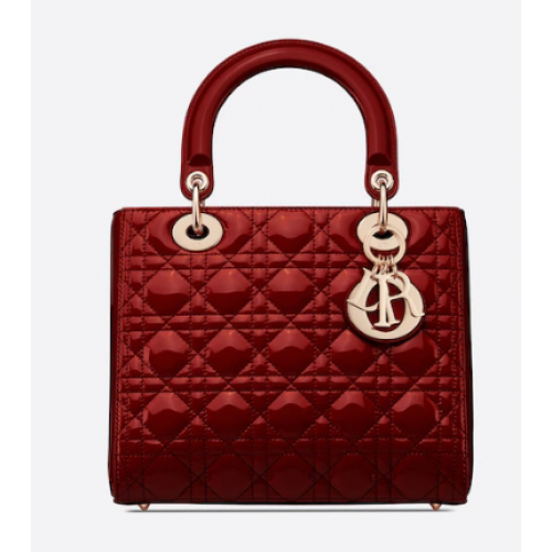 BORSA LADY DIOR MEDIA Pelle di vitello verniciata Cannage rosso ciliegia M0565OW