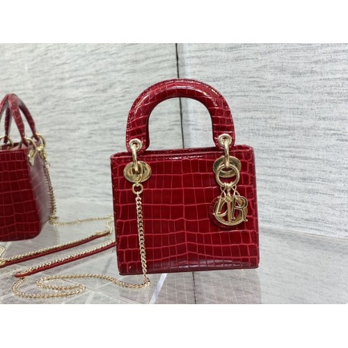 BORSA MINI LADY DIOR Pelle di vitello coccodrillo Cannage C0966 rosso