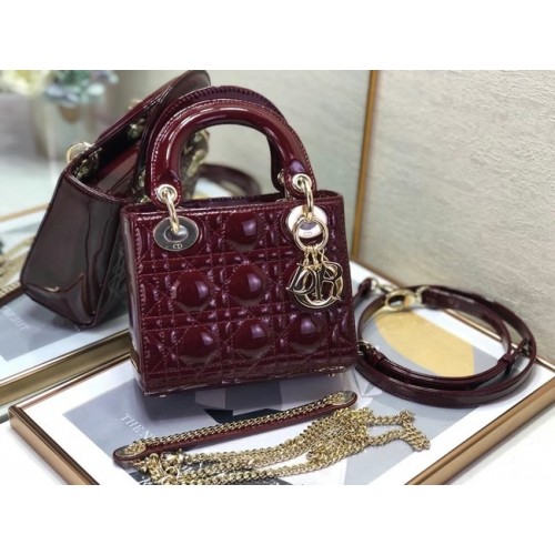 BORSA MINI LADY DIOR Pelle di vitello verniciata Cannage M0505O bordeaux