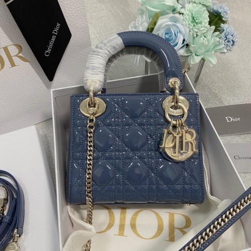 BORSA MINI LADY DIOR Pelle di vitello verniciata Cannage M0566OW Blu&oro