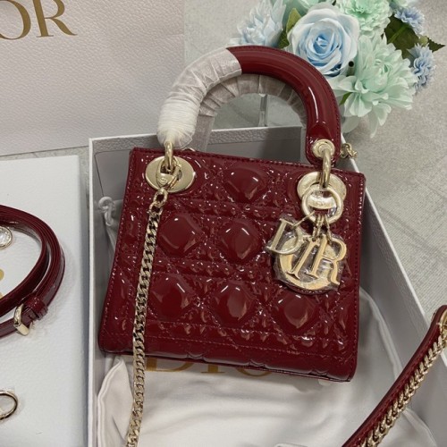 BORSA MINI LADY DIOR Pelle di vitello verniciata Cannage M0566OW Bordeaux&oro