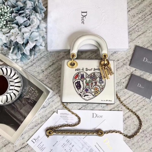 BORSA MINI LADY DIOR CON CATENA IN VITELLO LISCIO BIANCO CON RICAMO NIKI DE SAINT PHALLE M927