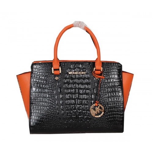 Borsa Michael Kors Selma in pelle di coccodrillo MK0909 nera e arancione