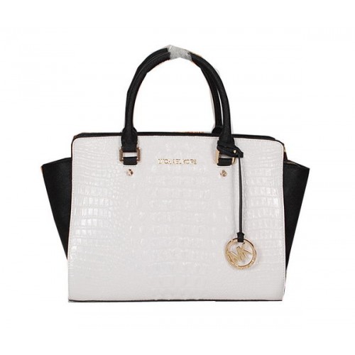 Borsa Michael Kors Selma in pelle di coccodrillo MK0909 bianca e nera