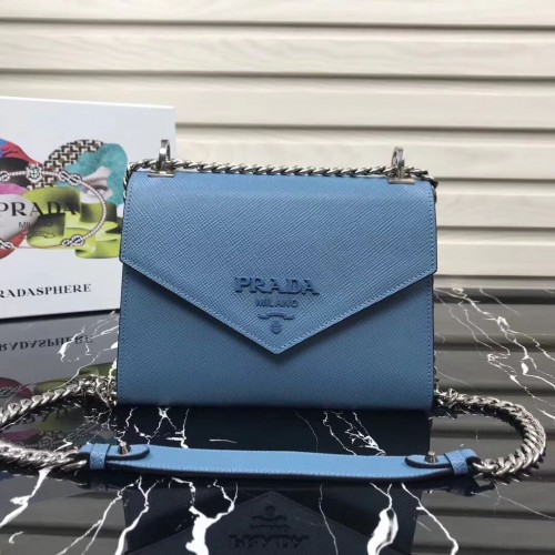 Borsa Prada Monochrome in pelle Saffiano 1BD127 celeste