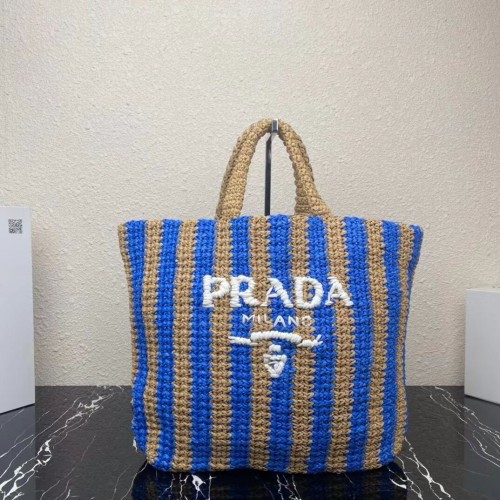 Borsa tote Prada in rafia 1NE229 blu