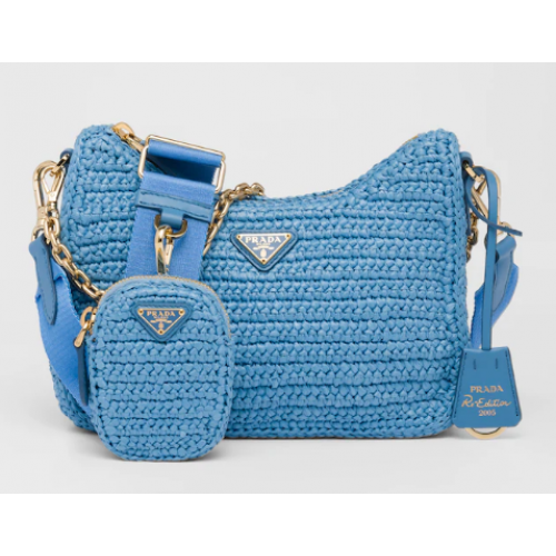 Prada Re-Edition 2005 borsa in rafia 1BH204 celeste