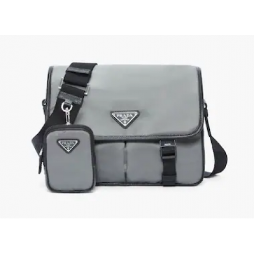 Borsa a spalla Prada in Re-Nylon e pelle Saffiano 2VD769 grigia