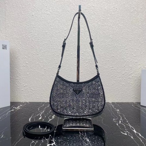 Prada borsa a tracolla in pelle con cristalli artificiali tote 1BN169 nera