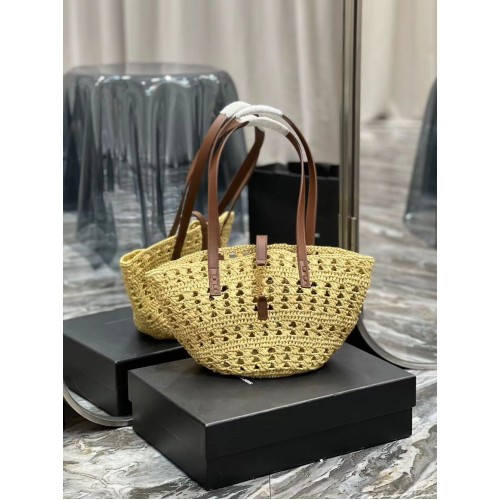 SAINT LAUREN BORSA PANIER PICCOLA IN RAFIA CROCHET E PELLE LISCIA 685618 NATUREL