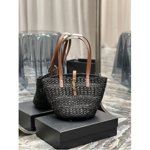SAINT LAUREN BORSA PANIER PICCOLA IN RAFIA ALL'UNCINETTO E PELLE LISCIA 685618 nero