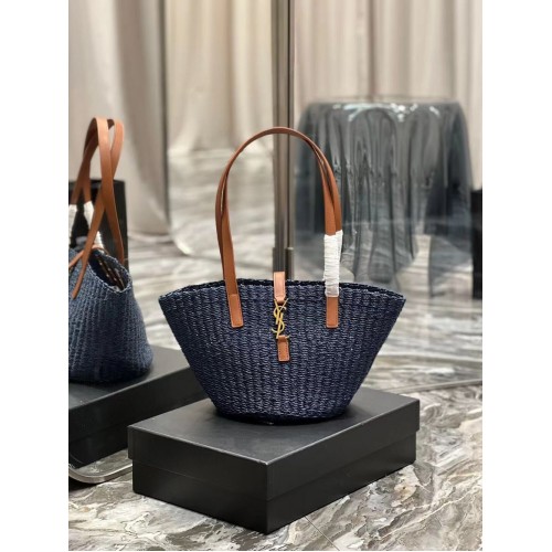 SAINT LAUREN BORSA PANIER PICCOLA IN RAFIA CROCHET E PELLE LISCIA 685618 blu scuro