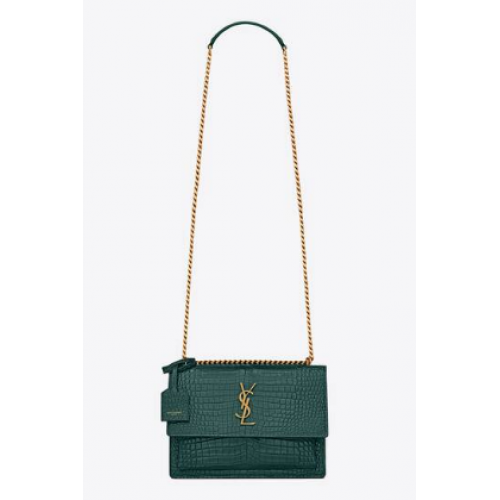SAINT LAUREN BORSA SUNSET MEDIUM CHAIN IN PELLE LUCIDA STAMPA COCCODRILLO 422906 SEA TURCHESE