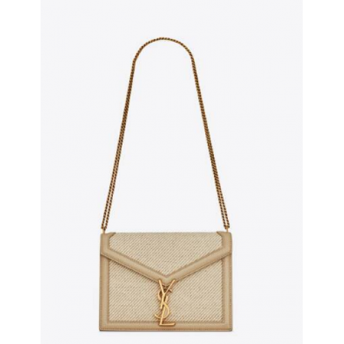 SAINT LAURENT BORSA CASSANDRA MEDIA CON CATENA IN CANVAS E BOX SAINT LAURENT PELLE 532750 BEIGE ET SEA SALT