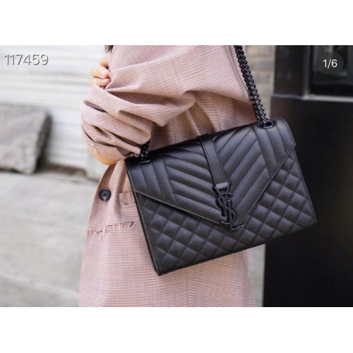 SAINT LAURENT BORSA ENVELOPE MEDIA IN MIX MATELASSe PELLE GOFFRATA GRAIN DE POUDRE 600185 BLACK&BLACK