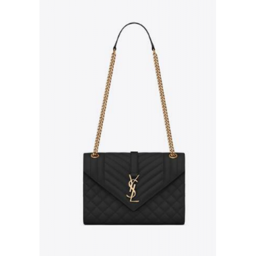 SAINT LAURENT BORSA ENVELOPE MEDIA IN MIX MATELASSe PELLE GOFFRATA GRAIN DE POUDRE 600185 BLACK&GOLD