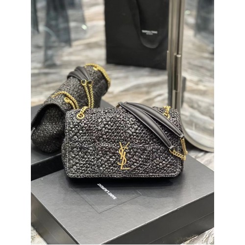 SAINT LAURENT JAMIE BORSA MEDIA A CATENA CARRE RIVE GAUCHE IN RAFIA CROCHET E PELLE LISCIA 515821 NERO