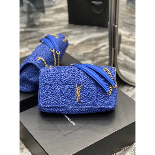 SAINT LAURENT JAMIE BORSA MEDIA A CATENA CARRE RIVE GAUCHE IN RAFIA CROCHET E PELLE LISCIA 515821 BLU