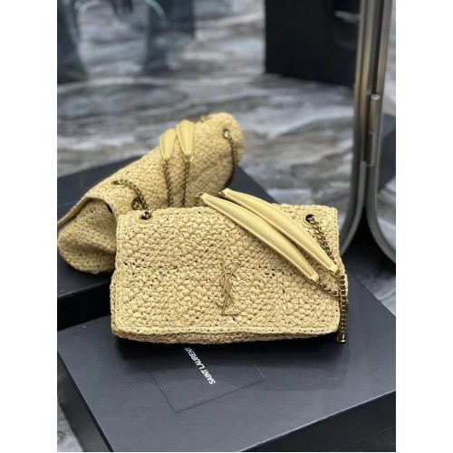 SAINT LAURENT JAMIE BORSA MEDIA A CATENA CARRE RIVE GAUCHE IN RAFIA CROCHET E PELLE LISCIA 515821 NATUREL
