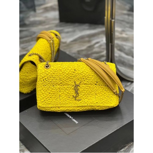 SAINT LAURENT JAMIE BORSA MEDIA A CATENA CARRE RIVE GAUCHE IN RAFIA CROCHET E PELLE LISCIA 515821 GIALLO