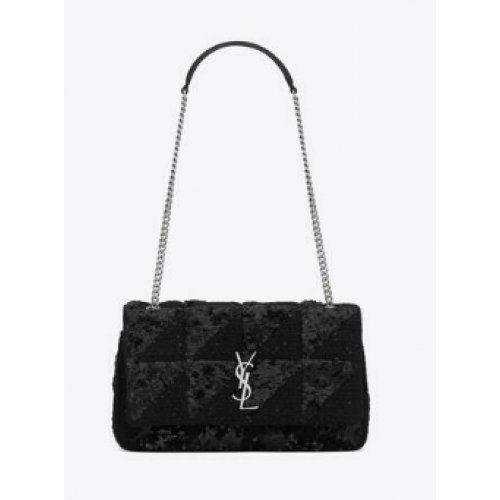 SAINT LAURENT JAMIE BORSA MEDIA A CATENA CARRE RIVE GAUCHE IN PAILLETTES E TWEED PAILLETTES 515821 NERO