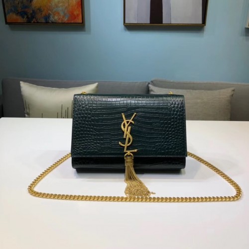 SAINT LAURENT Borsa a tracolla Kate in pelle stampa coccodrillo 474366 Verde nerastro