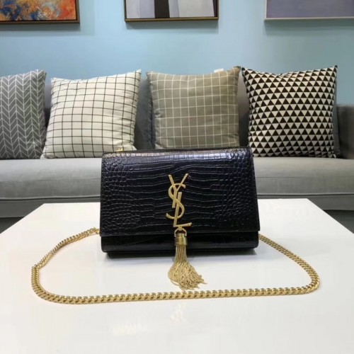 SAINT LAURENT Borsa a tracolla Kate in pelle stampa coccodrillo 474366 nera