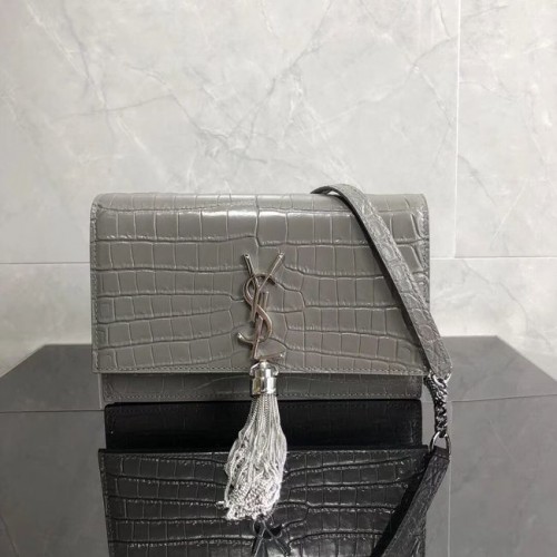 SAINT LAURENT Borsa a tracolla Kate in pelle di coccodrillo goffrata 452159 grigio