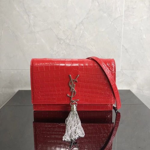 SAINT LAURENT Borsa a tracolla Kate in pelle di coccodrillo goffrata 452159 rosso