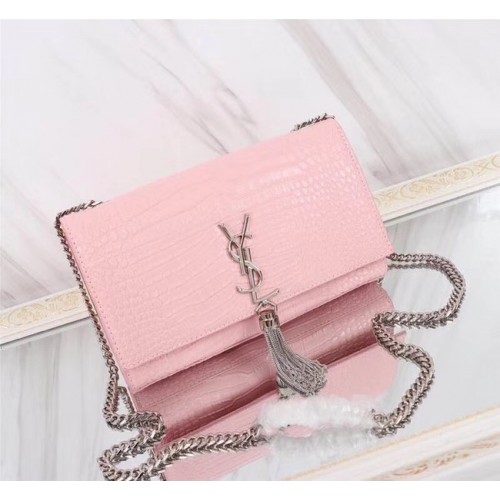 SAINT LAURENT Borsa a tracolla Kate monogram media in pelle di coccodrillo goffrata 9288 rosa