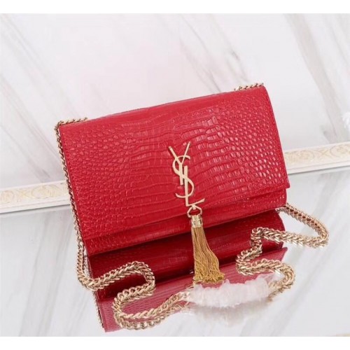 SAINT LAURENT Borsa a tracolla Kate monogram media in pelle di coccodrillo goffrata A9288 rosso