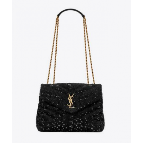 SAINT LAURENT LOULOU BORSA CATENA PICCOLA IN PELLE TRAPUNTATA Y RASO E PAILLETTES 494699 nero