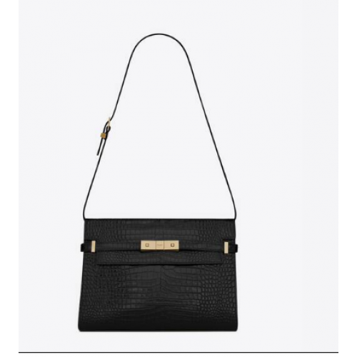 SAINT LAURENT BORSA MANHATTAN A SPALLA IN PELLE LUCIDA STAMPA COCCODRILLO 579271 NERO