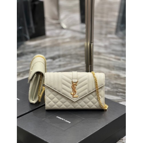PORTAFOGLIO SAINT LAURENT MONOGRAM CHAIN IN PELLE MIX MATELASSE STAMPA GRAIN DE POUDRE 620280 BEIGE&ORO