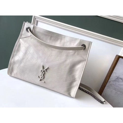 SAINT LAURENT BORSA SHOPPING NIKI MEDIA IN PELLE VINTAGE Stropicciata 5814 bianco