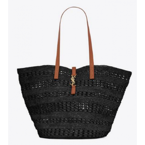 SAINT LAURENT BORSA PANIER MEDIA IN RAFIA CROCHET E PELLE LISCIA 688221 NOIR