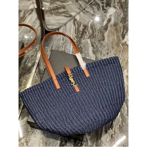 SAINT LAURENT BORSA PANIER MEDIUM IN RAFIA CROCHET E PELLE LISCIA 688221 blu scuro