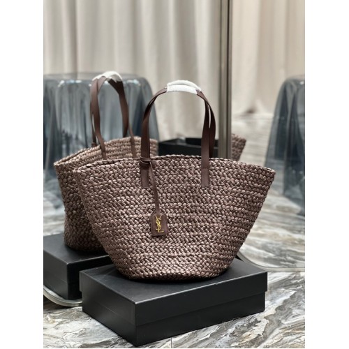 SAINT LAURENT BORSA PANIER MEDIA IN RAFIA 693242 Caffè