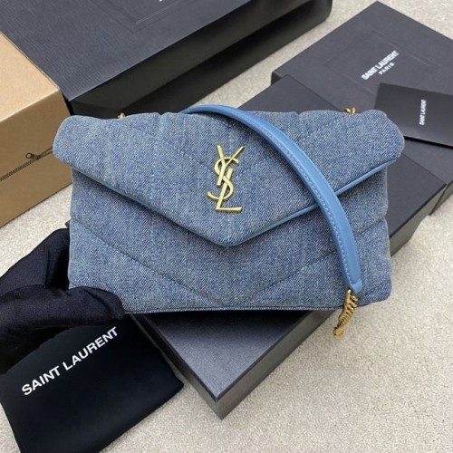 BORSA SAINT LAURENT PUFFER CHAIN IN DENIM E PELLE LISCIA 320333 BLU