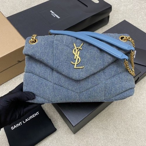 BORSA SAINT LAURENT PUFFER CHAIN IN DENIM E PELLE LISCIA 577476 BLU