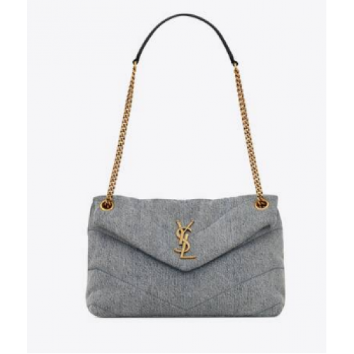 BORSA SAINT LAURENT PUFFER PICCOLA CON CATENA IN DENIM E PELLE LISCIA 577476 BLU-GRIGIO