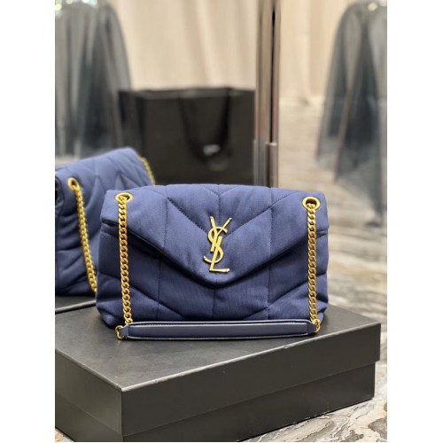 BORSA SAINT LAURENT PUFFER PICCOLA CON CATENA IN DENIM E PELLE LISCIA 577476 blu scuro