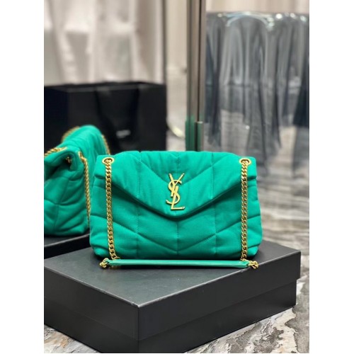 BORSA SAINT LAURENT PUFFER PICCOLA CON CATENA IN DENIM E PELLE LISCIA 577476 verde