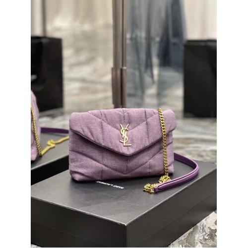 BORSA SAINT LAURENT PUFFER TOY IN CANVAS E PELLE LISCIA 620333 LILLA SBIANCATA