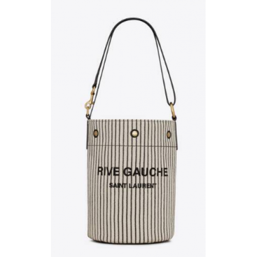 BORSA A SECCHIELLO SAINT LAURENT RIVE GAUCHE IN TELA A RIGHE E PELLE 669299 CREMA ET NOIR