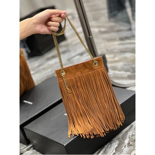 SAINT LAURENT BORSA CATENA PICCOLA IN CAMOSCIO CHIARO CON FRANGE 683378 marrone