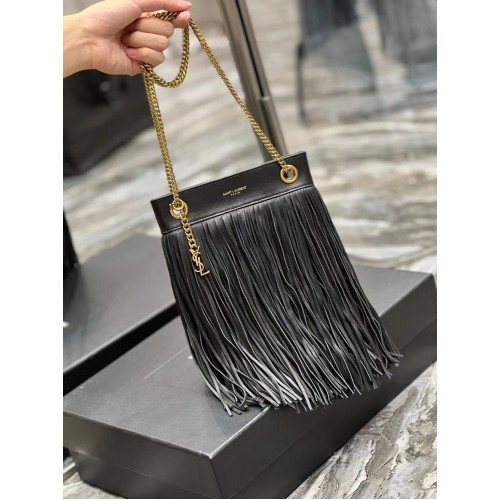 SAINT LAURENT BORSA CATENA PICCOLA IN PELLE LISCIA CON FRANGE 683378 NERO