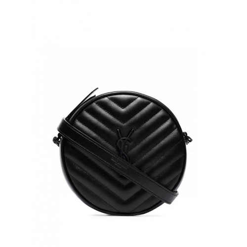 SAINT LAURENT VINYLE CAMERA BAG ROUND IN PELLE TRAPUNTATA CHEVRON STAMPA GRAIN DE POUDRE 6104361 nero