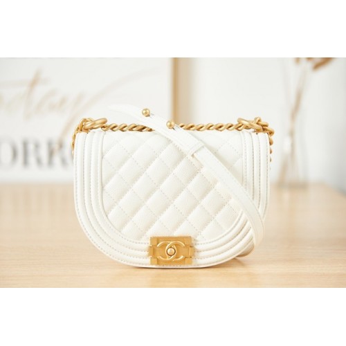 BORSA MESSENGER CHANEL BAMBINO PICCOLA Pelle di vitello granulata Metallo effetto dorato AS3350 bianco