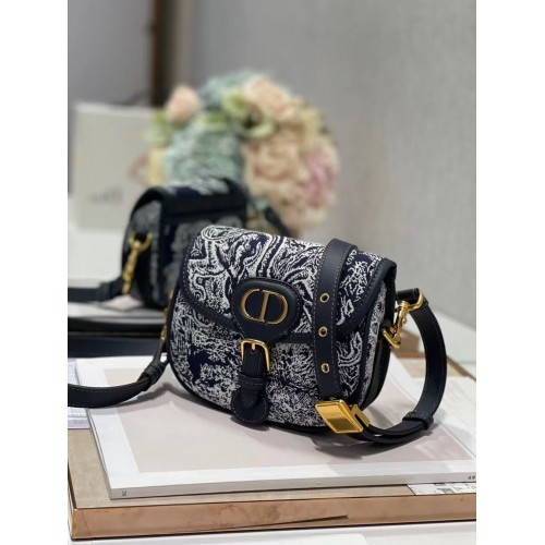 PICCOLA BORSA DIOR BOBBY Warm Taupe Box Oblique Embroidery C9269 blu scuro